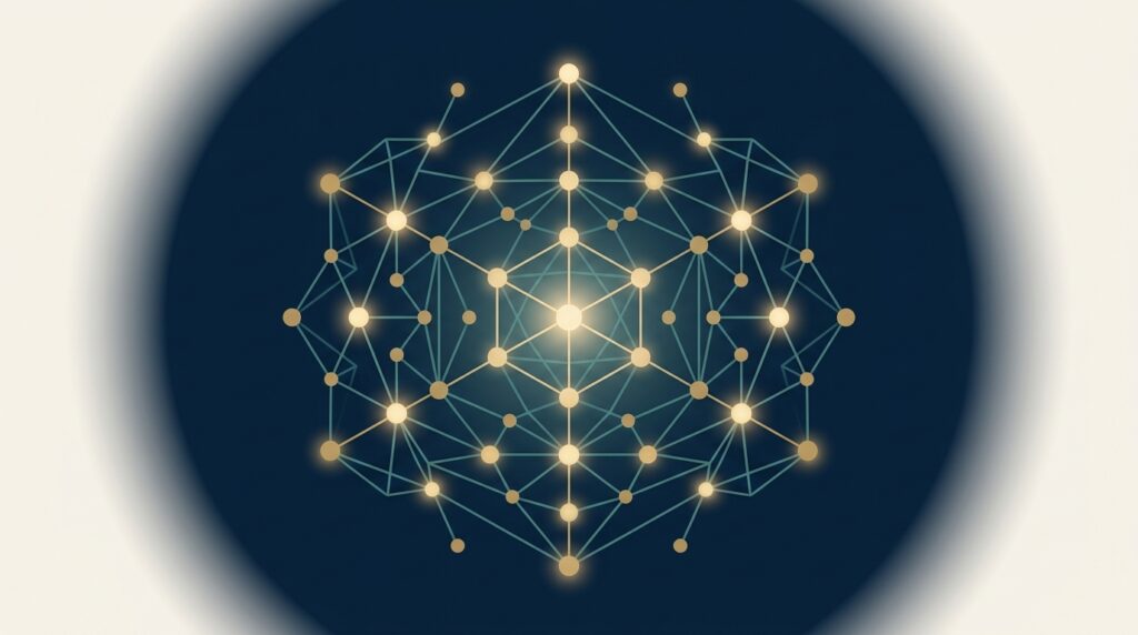 Abstract editorial illustration representing SaaS reputation management — EMGI Group