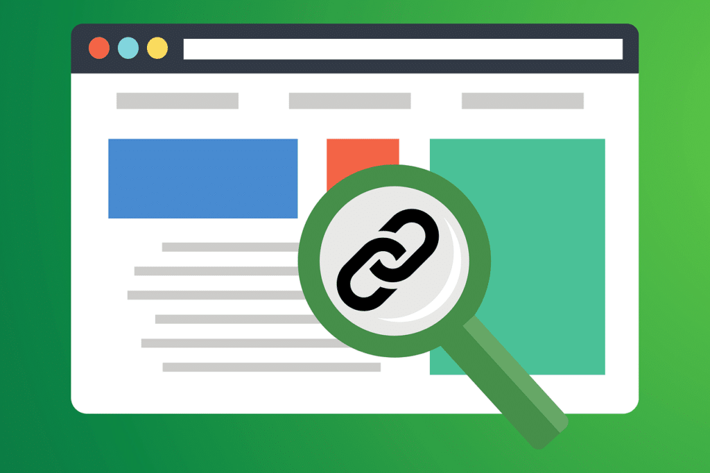 Link-building mistakes: An illustration of a webpage with a magnifying glass highlighting a backlink icon.