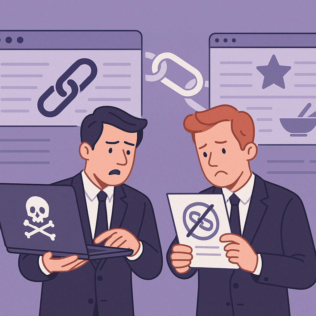 Link-building mistakes: An illustration showing two SaaS professionals comparing high-quality backlinks with spammy and irrelevant links.