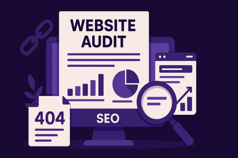 Website audit illustration with SEO, broken links and 404 elements