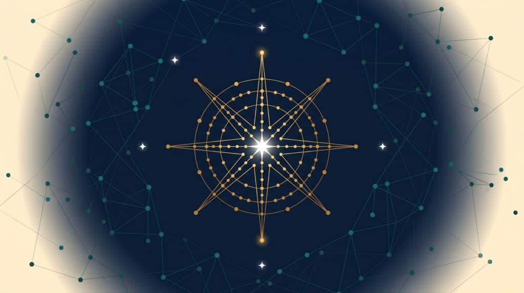 Abstract editorial illustration of a golden compass-rose framework constellation representing B2B SaaS SEO authority strategy