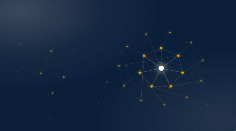 Constellation graphic contrasting a sparse isolated cluster with a dense connected network, illustrating in house link building versus an agency's existing relationships