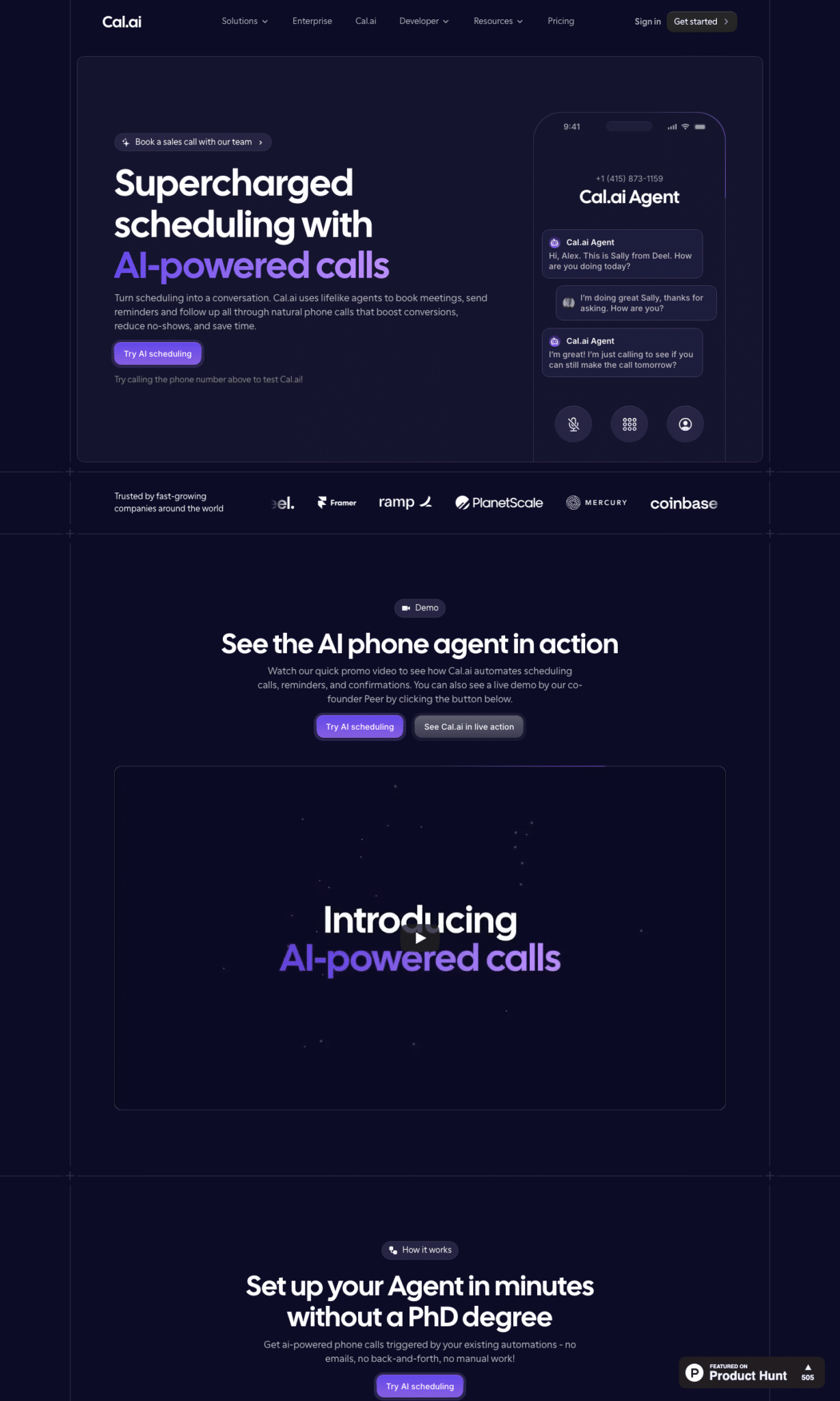 Cal AI phone agent product page with enterprise logos, the under-marketed product the audit recommends centring