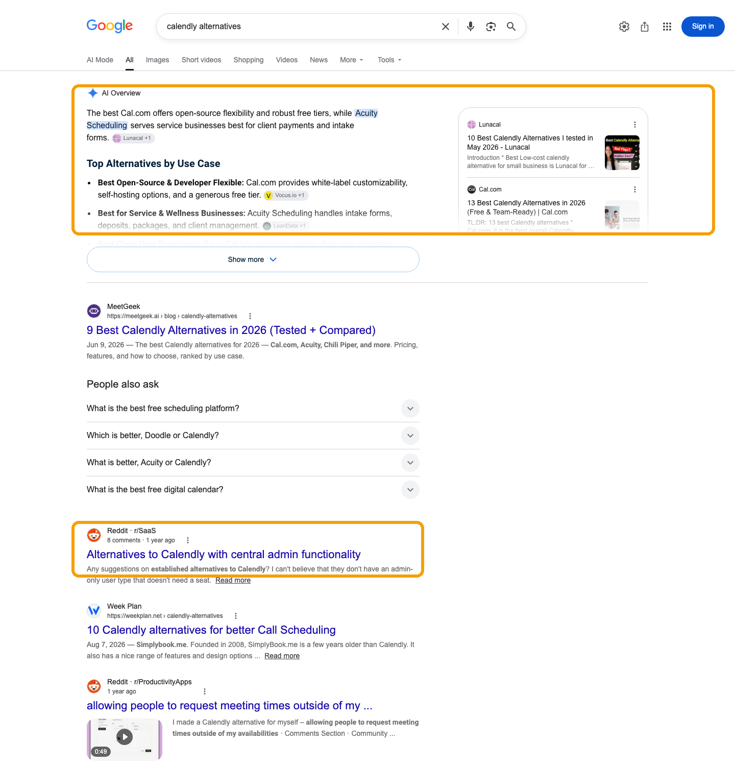 Google SERP for calendly alternatives with the AI Overview citing third-party listicles ringed and a Reddit thread about admin functionality ringed