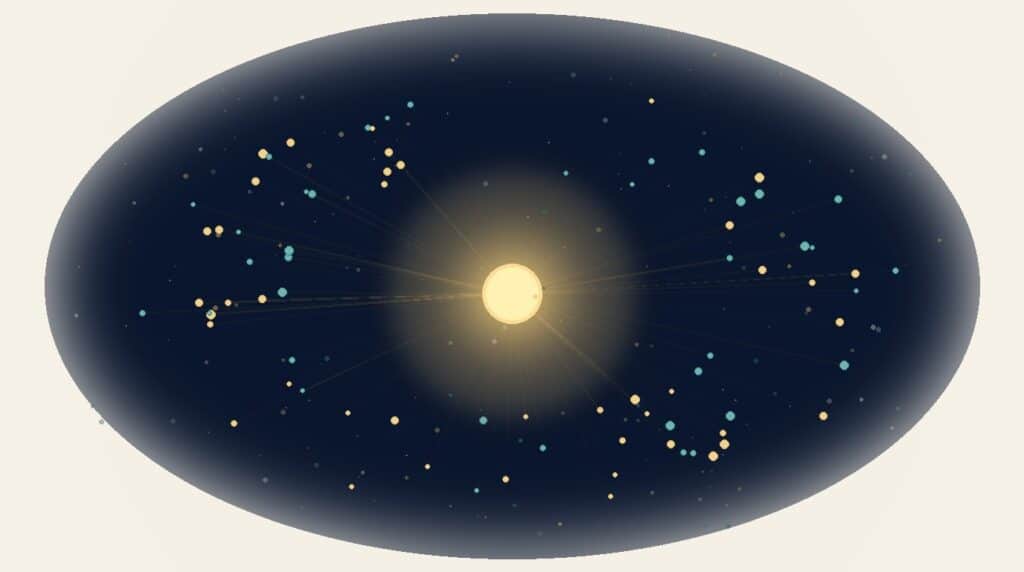 Abstract editorial illustration of ChatGPT citations for SaaS, with many small feeder nodes flowing into a single luminous gold citation hub.