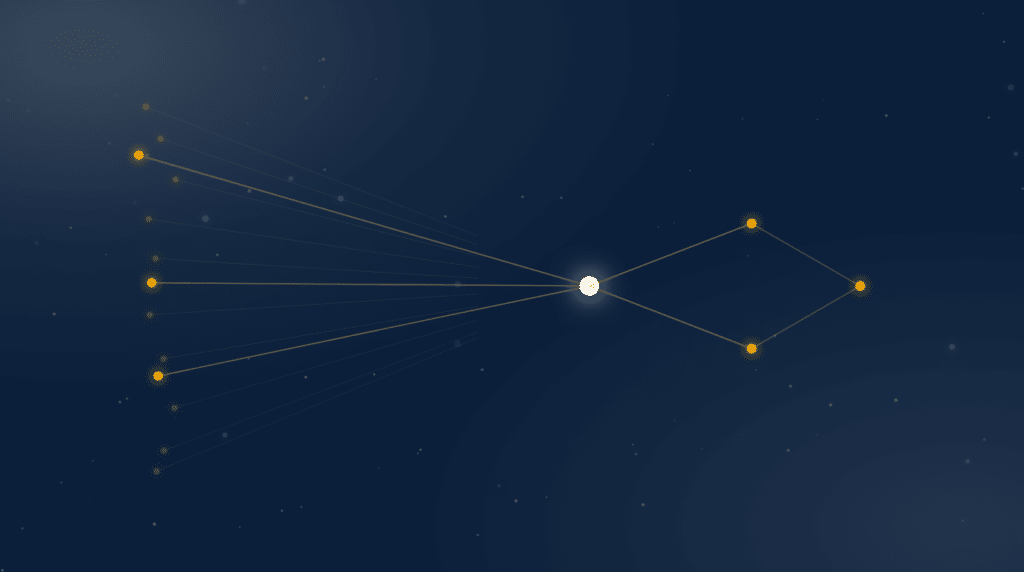Constellation graphic showing many candidate nodes narrowing through a bright gate to a single chosen path, illustrating how to select a link building agency