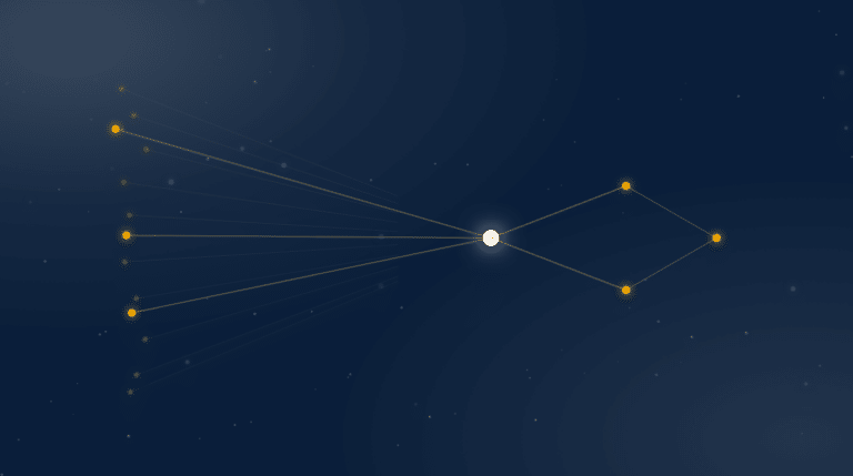 Constellation graphic showing many candidate nodes narrowing through a bright gate to a single chosen path, illustrating how to select a link building agency