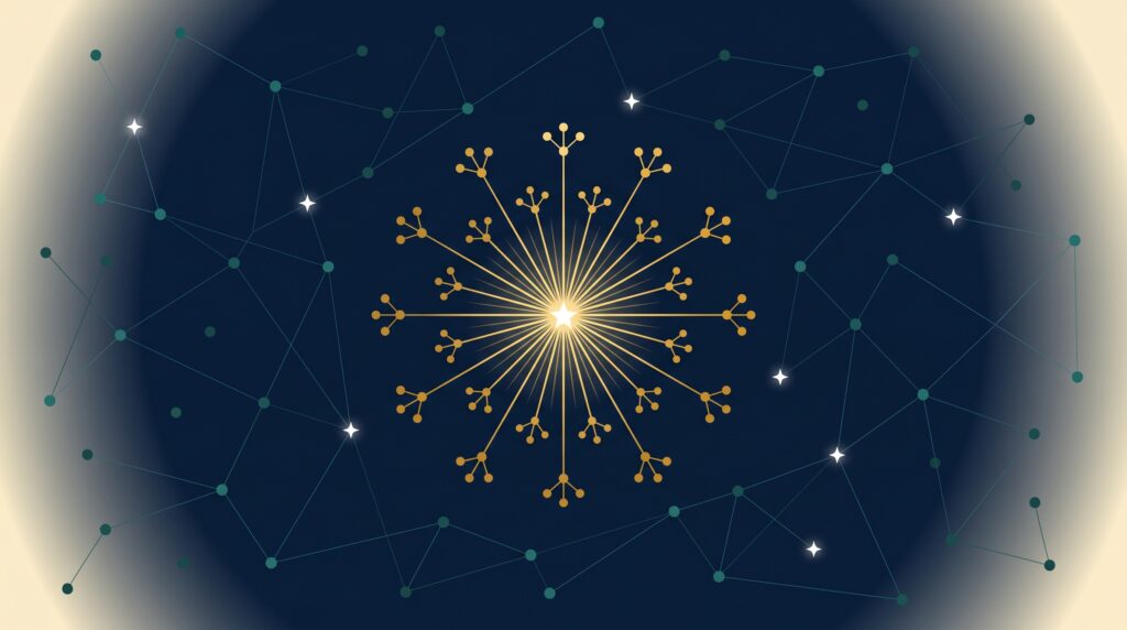 Abstract editorial illustration of a golden broadcast burst constellation representing digital PR for SaaS brand authority