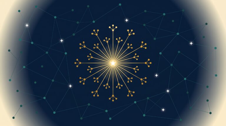 Abstract editorial illustration of a golden broadcast burst constellation representing digital PR for SaaS brand authority