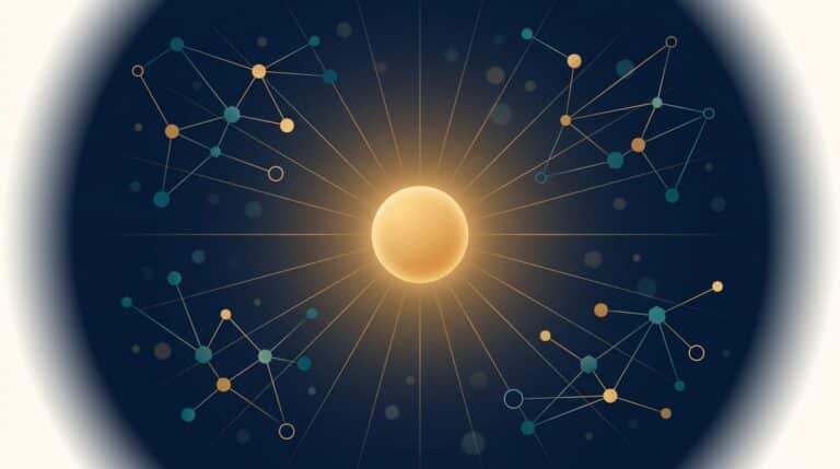 Abstract constellation graphic with a central glowing amber orb radiating light to four interconnected node clusters, representing SaaS agencies and authority networks