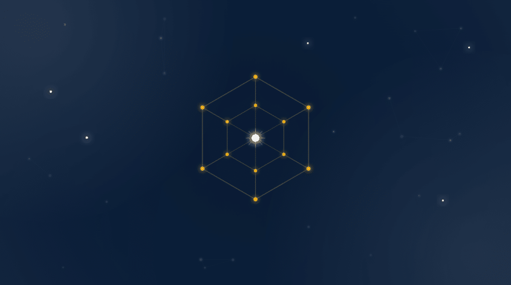 Golden constellation forming a hexagonal shield lattice on a deep navy field, the EMGI network motif for cybersecurity SaaS link building