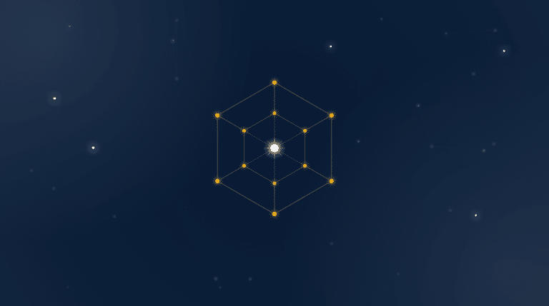 Golden constellation forming a hexagonal shield lattice on a deep navy field, the EMGI network motif for cybersecurity SaaS link building