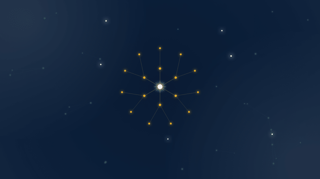 Golden constellation radiating outward like a tree of knowledge on a deep navy field, the EMGI network motif for edtech SaaS link building