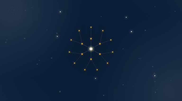 Golden constellation radiating outward like a tree of knowledge on a deep navy field, the EMGI network motif for edtech SaaS link building