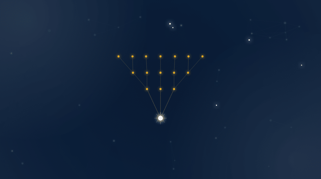 Golden constellation converging like a marketing funnel toward a bright core on a deep navy field, the EMGI network motif for martech SaaS link building