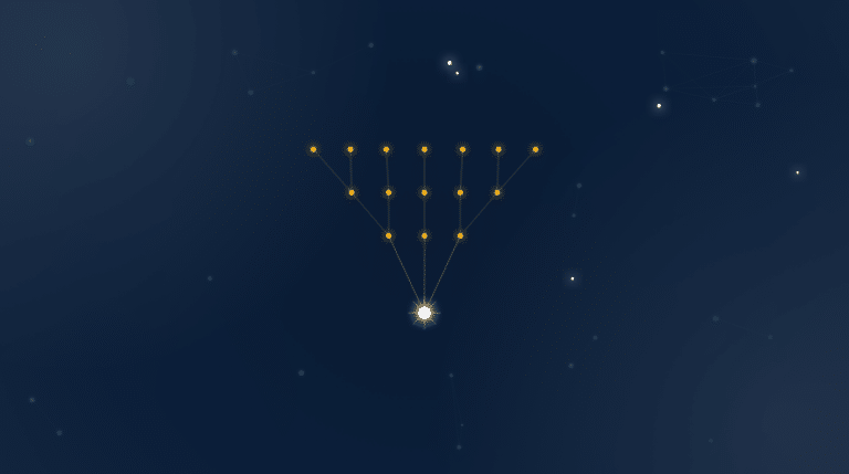 Golden constellation converging like a marketing funnel toward a bright core on a deep navy field, the EMGI network motif for martech SaaS link building