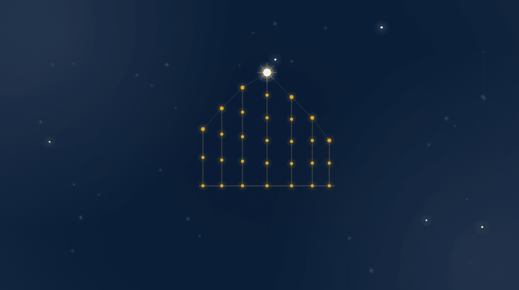 Golden constellation shaped like a connected city skyline on a deep navy field, the EMGI network motif for proptech SaaS link building