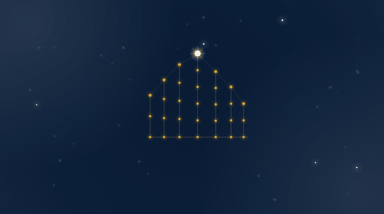 Golden constellation shaped like a connected city skyline on a deep navy field, the EMGI network motif for proptech SaaS link building