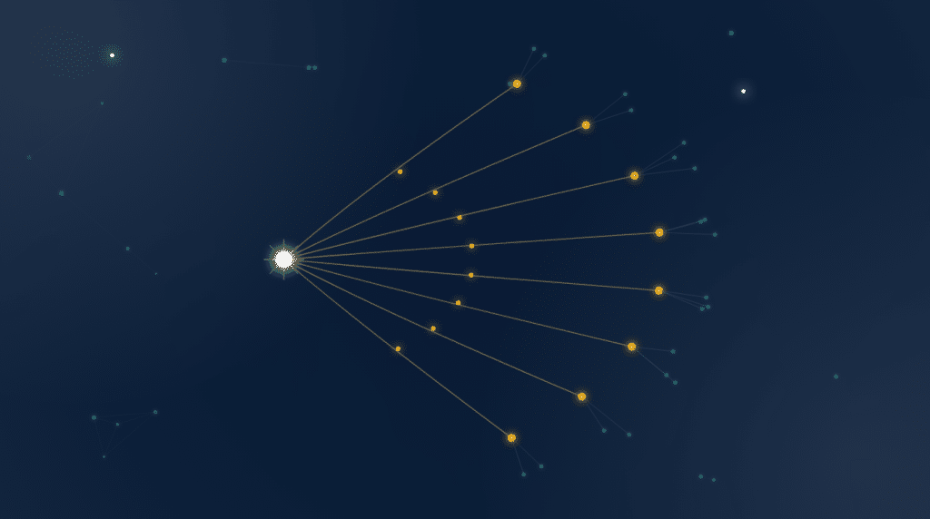 Constellation illustration of query fan-out: one bright query node branching into eight golden sub-query nodes, each linking to smaller result nodes