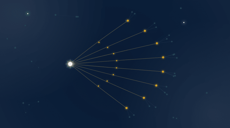 Constellation illustration of query fan-out: one bright query node branching into eight golden sub-query nodes, each linking to smaller result nodes
