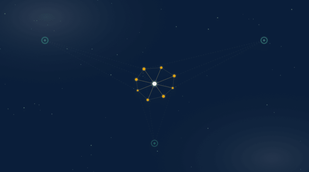 Constellation illustration of one golden authority network being read by three separate machine lenses, representing SEO, GEO and AEO