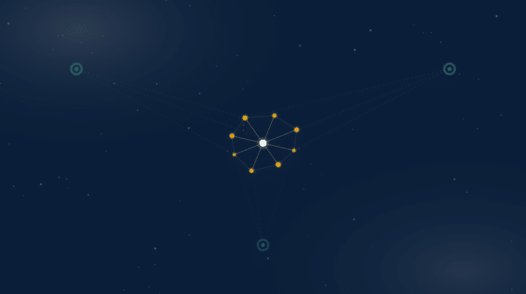 Constellation illustration of one golden authority network being read by three separate machine lenses, representing SEO, GEO and AEO