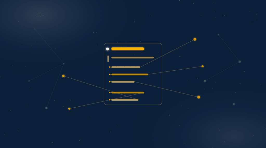 Constellation illustration of an llms.txt file: a golden document with markdown link lines radiating to nodes across a navy star field