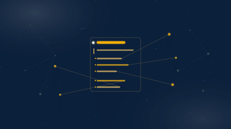 Constellation illustration of an llms.txt file: a golden document with markdown link lines radiating to nodes across a navy star field