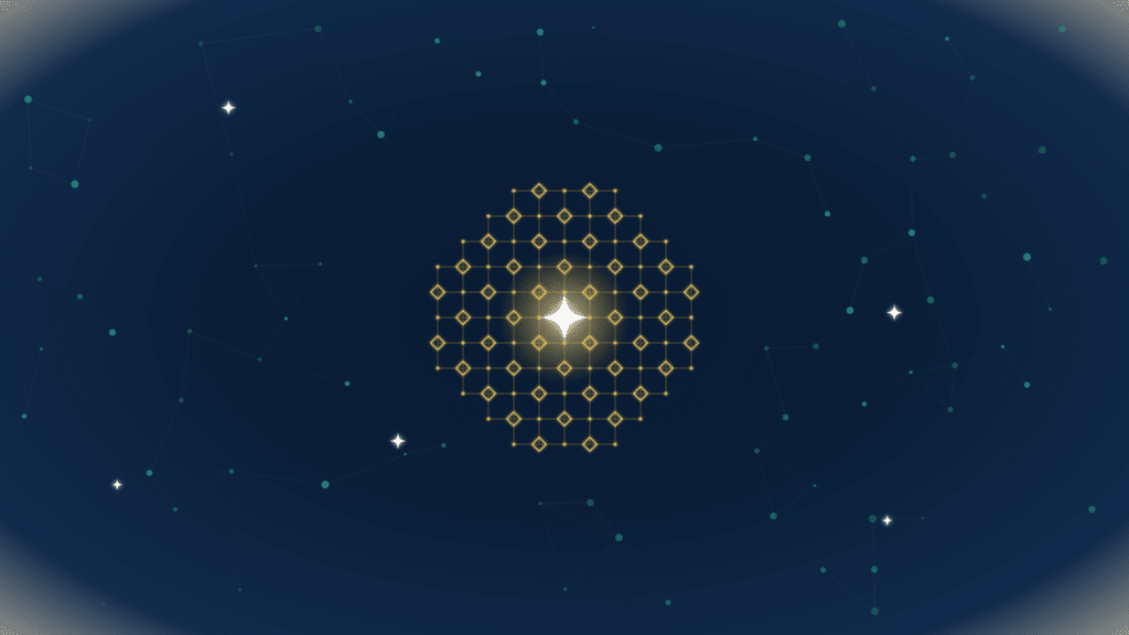 Golden grid of connected nodes forming a tool motif on a deep navy network background, EMGI Group