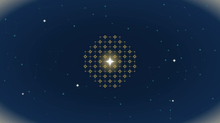Golden grid of connected nodes forming a tool motif on a deep navy network background, EMGI Group