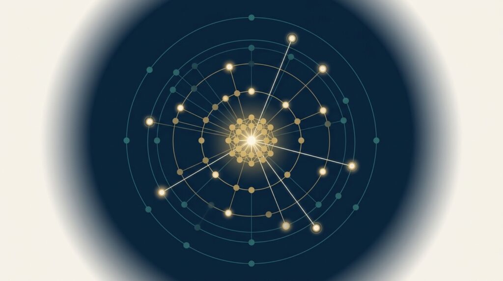 Abstract editorial illustration representing AI visibility audit for SaaS, with a luminous central brand node radiating citation pathways to orbiting LLM surfaces, EMGI Group
