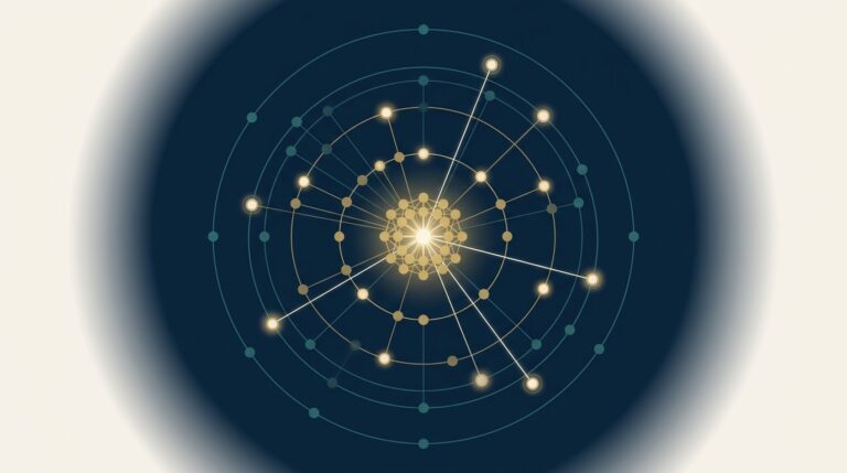 Abstract editorial illustration representing AI visibility audit for SaaS, with a luminous central brand node radiating citation pathways to orbiting LLM surfaces, EMGI Group