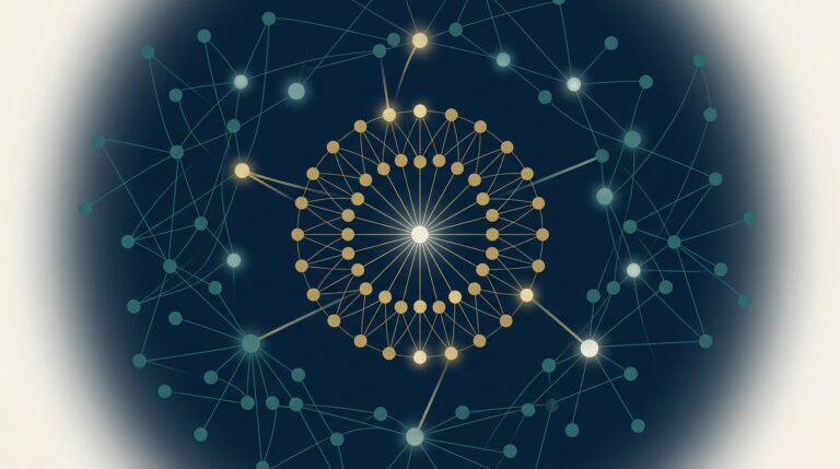 Abstract constellation of luminous gold and teal nodes connected by thin pathways on a deep navy background, representing fintech SaaS link building networks across editorial publishers, Reddit, and AI citation surfaces