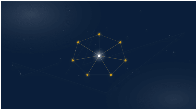 Constellation illustration: seven golden nodes orbiting a bright core on navy