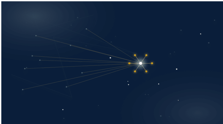 Constellation illustration: scattered teal nodes converging into one concentrated golden cluster on navy