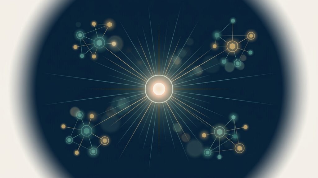 Abstract editorial illustration representing LLM SEO for SaaS — EMGI Group