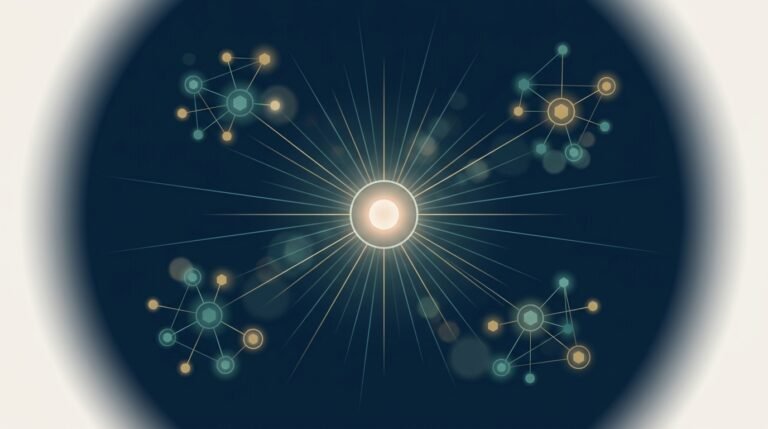 Abstract editorial illustration representing LLM SEO for SaaS — EMGI Group