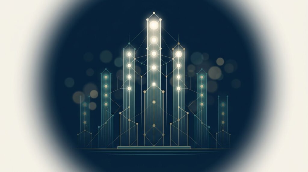 Abstract editorial illustration representing high authority backlinks for SaaS — EMGI Group