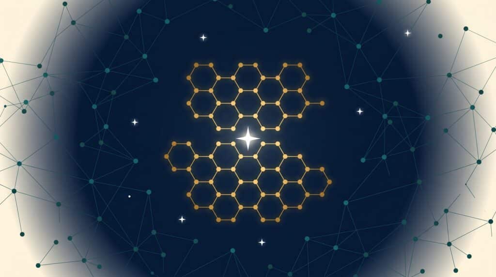 Abstract editorial illustration of a golden hexagonal lattice constellation representing healthcare SaaS link building authority