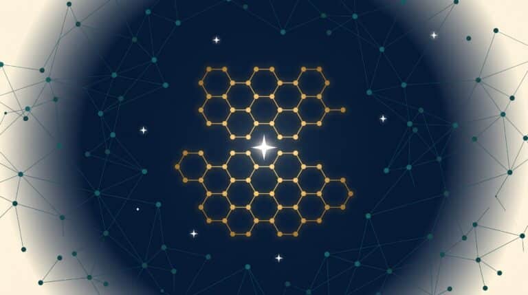 Abstract editorial illustration of a golden hexagonal lattice constellation representing healthcare SaaS link building authority
