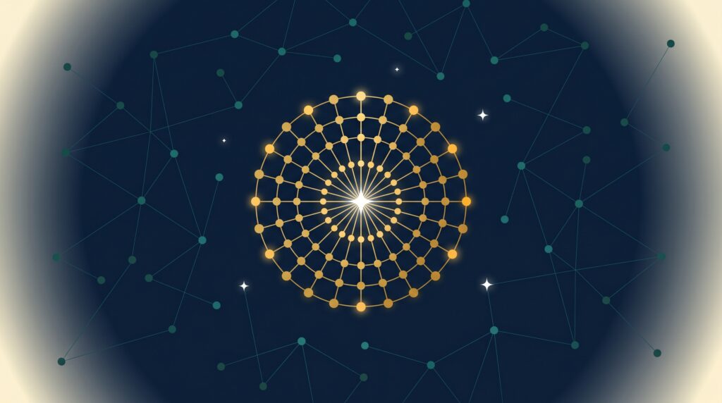 Abstract editorial illustration of a golden rosette network constellation representing HR SaaS link building authority