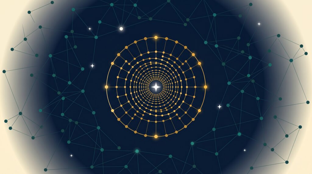 Abstract editorial illustration of a golden spiraling funnel constellation representing sales intelligence SaaS link building