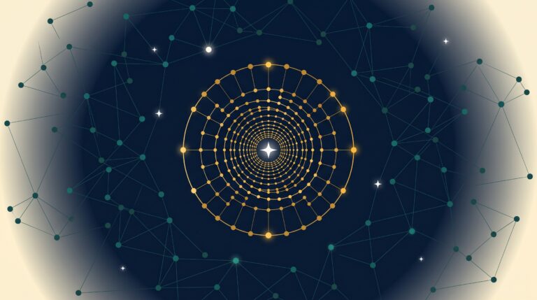Abstract editorial illustration of a golden spiraling funnel constellation representing sales intelligence SaaS link building