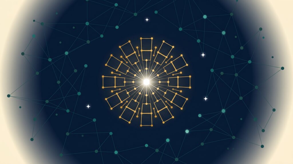 Abstract editorial illustration of a golden radial bloom constellation representing video and creative SaaS link building