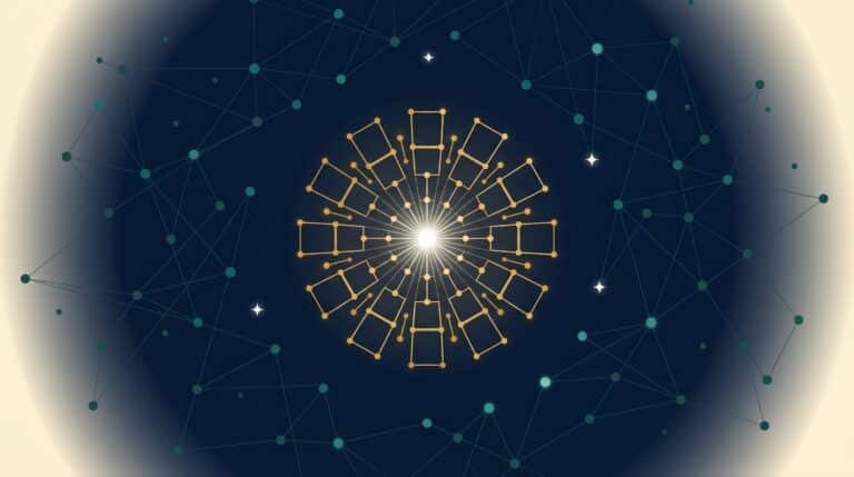 Abstract editorial illustration of a golden radial bloom constellation representing video and creative SaaS link building