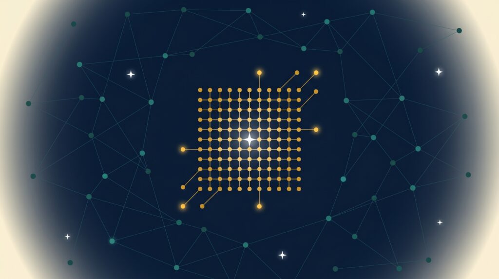 Abstract editorial illustration of a golden grid constellation with extracted nodes representing web scraping SaaS link building