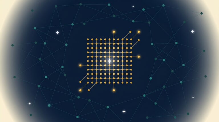 Abstract editorial illustration of a golden grid constellation with extracted nodes representing web scraping SaaS link building