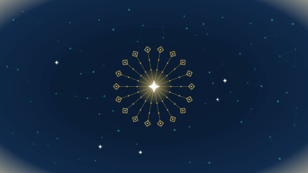 A golden data asset radiating links outward as a constellation on a deep navy network background, EMGI Group