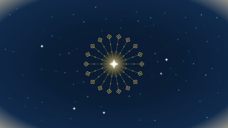 A golden data asset radiating links outward as a constellation on a deep navy network background, EMGI Group