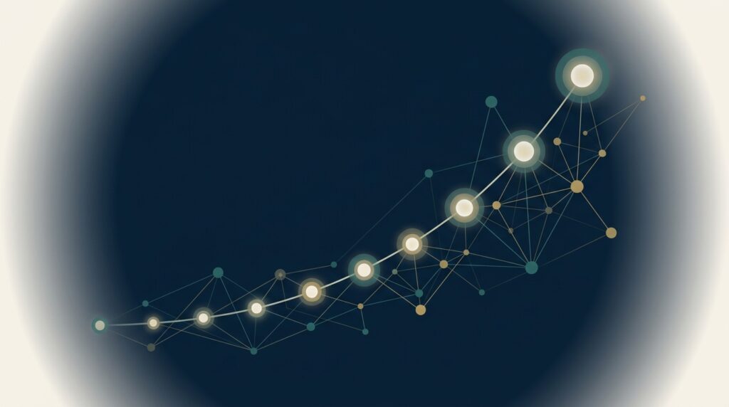 Abstract editorial illustration representing HR Partner case study results — EMGI Group